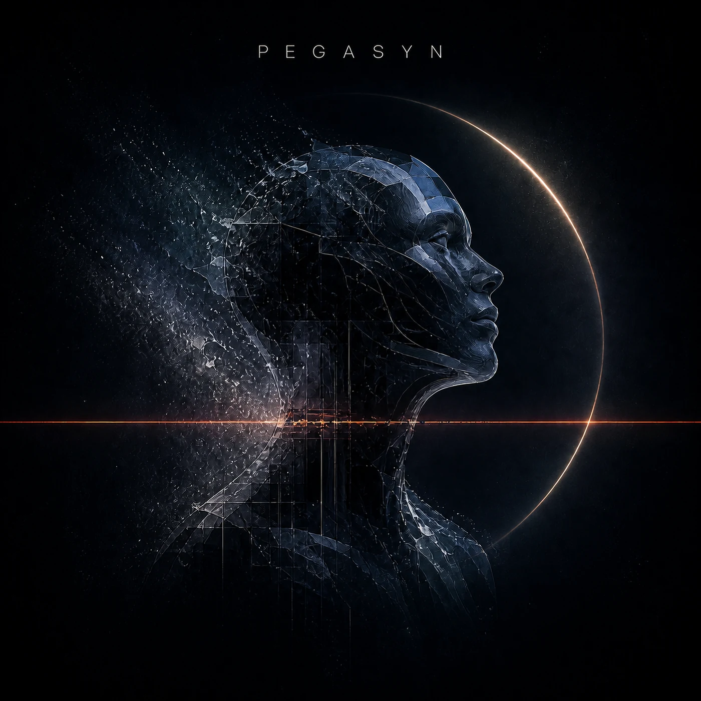PEGASYN shared cover: a fragmented dark glass profile inside an amber arc, crossed by a fine warning line.